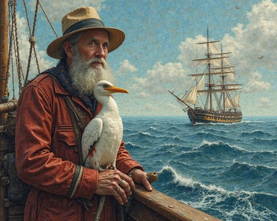 I want you to draw me a painting or a picture of a poem, I want you to draw me the sailor as a weak old man with a dead albatross wrapped around his neck and red blood on the belly of the bird, I want you to draw the sailor on a big ship with dead men on board too, and the ship in a huge sea, I want the painting to be epic


