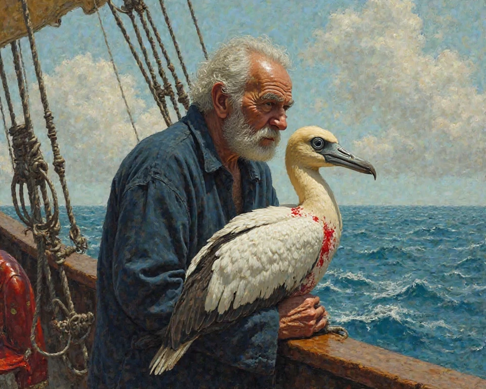 I want you to draw me a painting or a picture of a poem, I want you to draw me the sailor as a weak old man with a dead albatross wrapped around his neck and red blood on the belly of the bird, I want you to draw the sailor on a big ship with dead men on board too, and the ship in a huge sea, I want the painting to be epic

