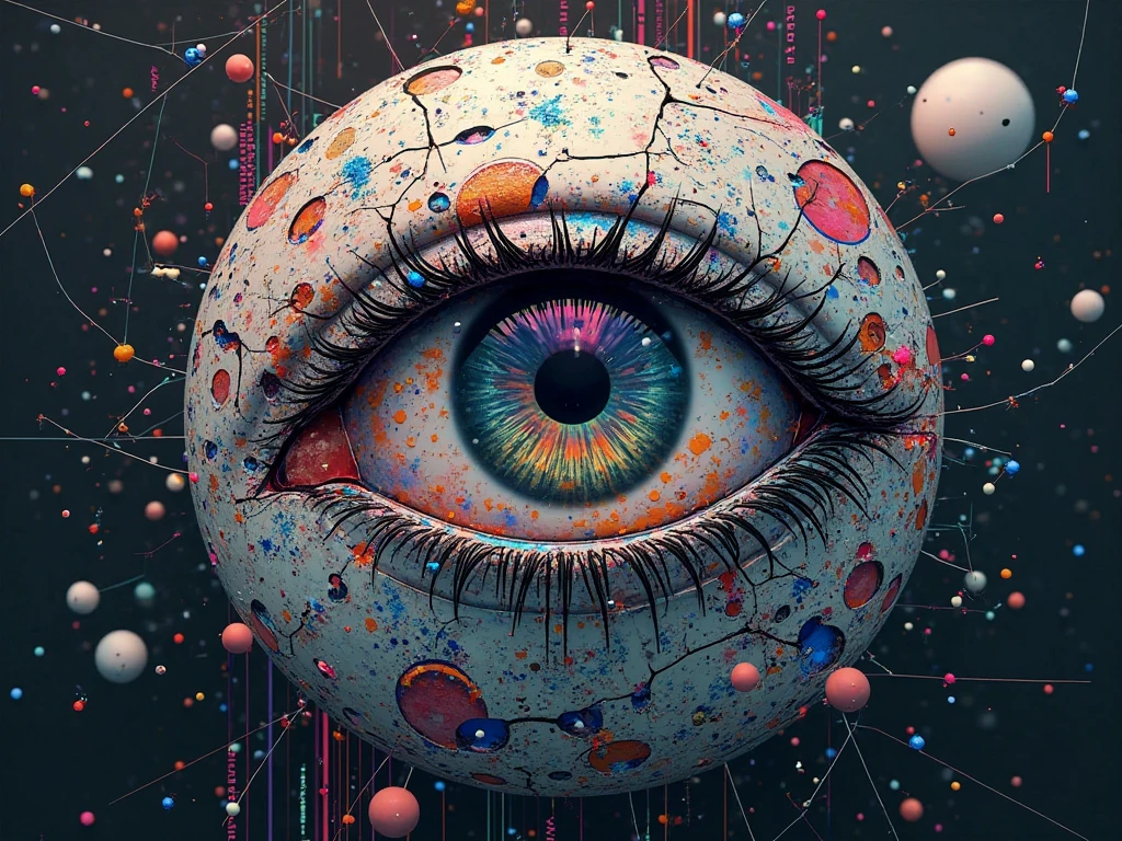  Logo written on it "SeartIA":  with a : A cracked mirror that reflects a robotic eye, surrounded by fragments of glitch memories: humans smiling, Planets colliding, old codes disintegrating into colorful static and wireframe ghosts.