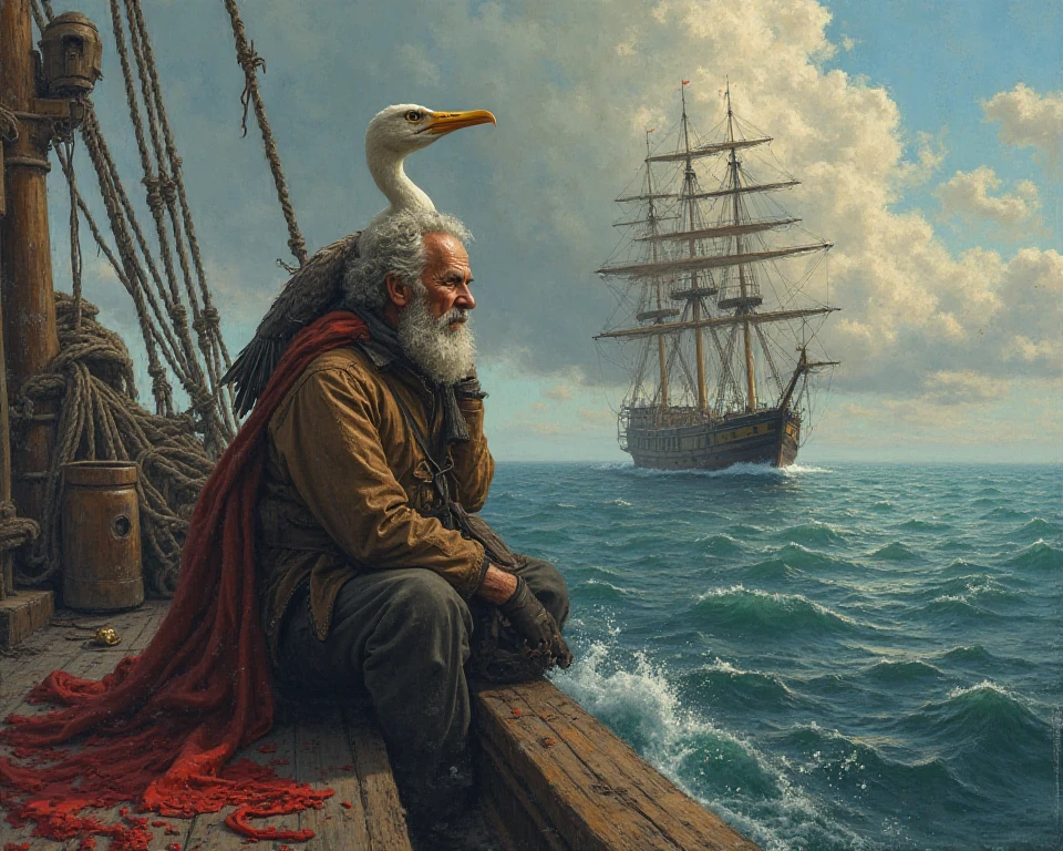 I want you to draw me a painting or a picture of a poem, I want you to draw me the sailor as a weak old man with a dead albatross wrapped around his neck and red blood on the belly of the  died bird, I want you to draw the sailor on a big ship with dead men on board too, and the ship in a huge sea, I want the painting to be epic

