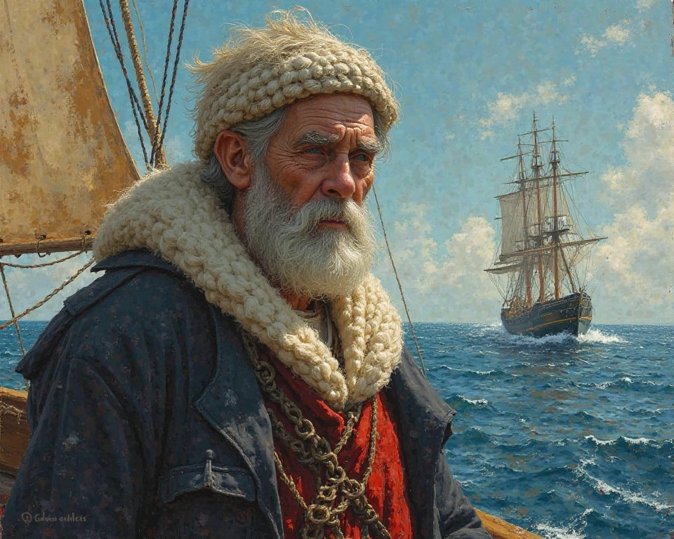 I want you to draw me a painting or a picture of a poem, I want you to draw me the sailor as a weak old man with a dead albatross wrapped around his neck and red blood on the belly of the  died bird, I want you to draw the sailor on a big ship with dead men on board too, and the ship in a huge sea, I want the painting to be epic

