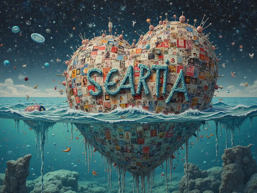  Logo written on it "SEART IA ": A surreal collage of human faces, handwritten notes, satellite images and hood toys, all melting and merging together, suspended in a digital ocean under a starry sky of floating algorithmic symbols.
