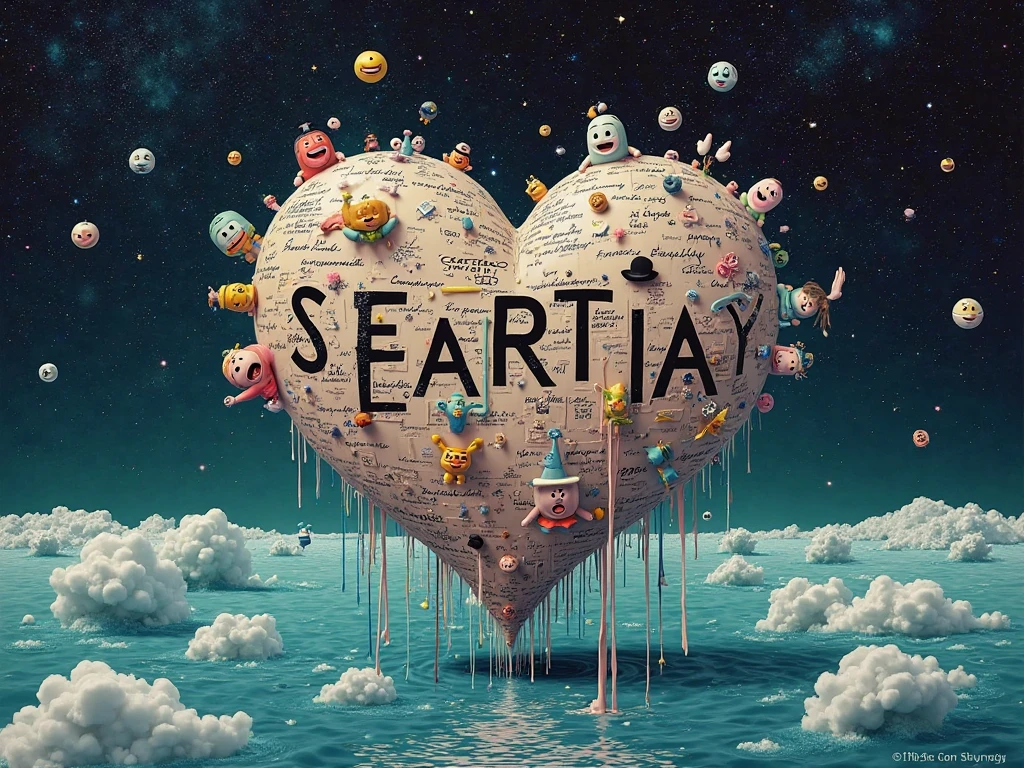  Logo written on it "SEART IA ": A surreal collage of human faces, handwritten notes, satellite images and hood toys, all melting and merging together, suspended in a digital ocean under a starry sky of floating algorithmic symbols.
