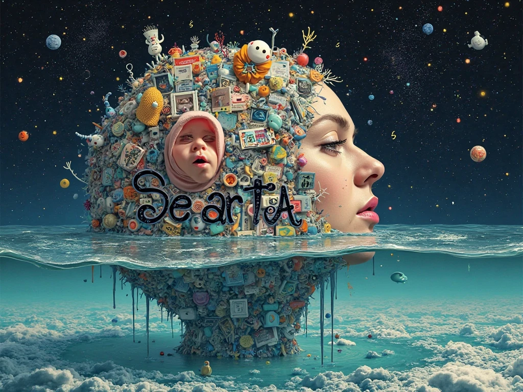  Logo written on it "SEART IA ": A surreal collage of human faces, handwritten notes, satellite images and hood toys, all melting and merging together, suspended in a digital ocean under a starry sky of floating algorithmic symbols.
