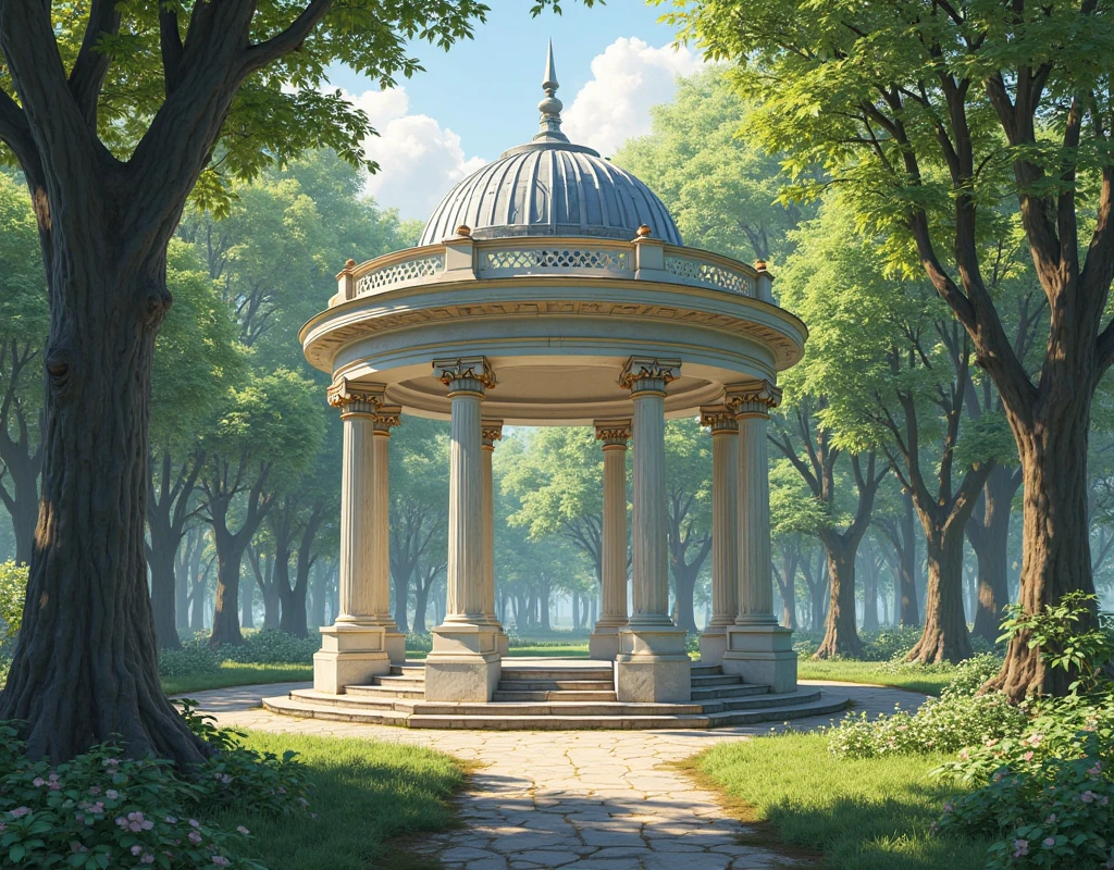There is a rotunda gazebo on the edge of the grove. Photorealism, high detail
