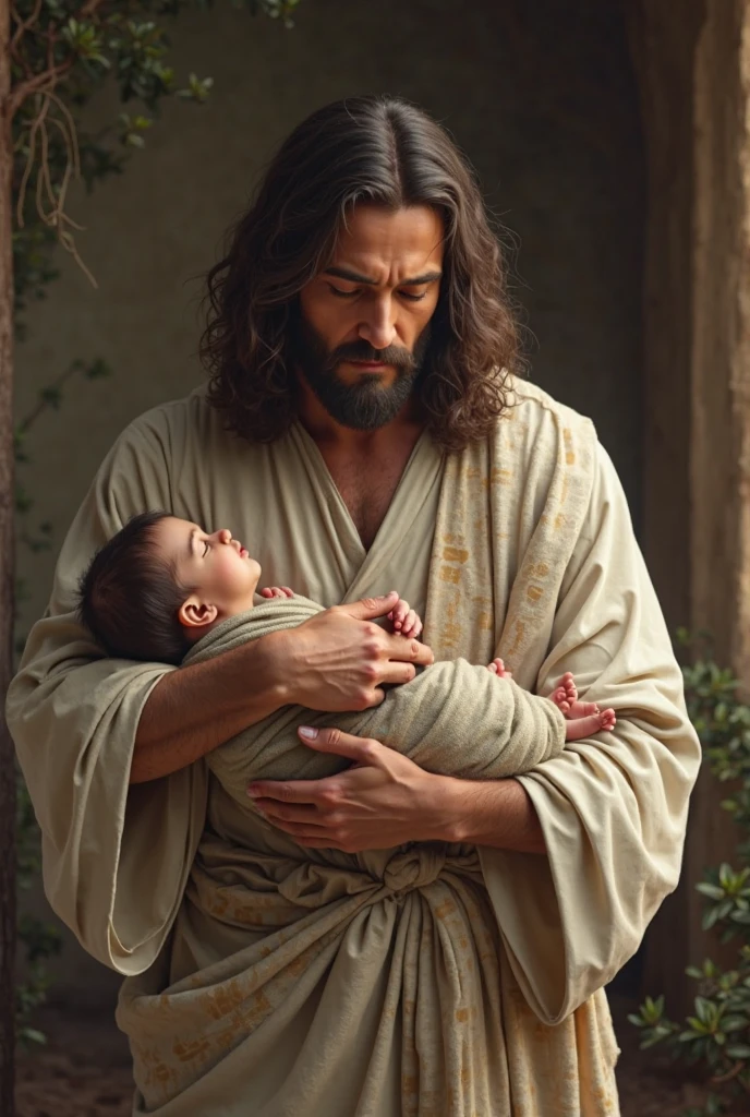 Bust image of Jesus，He stood quietly，A gentle breeze ruffled his hair。His gaze was gentle and firm，Express endless love and wisdom。His hand gently stroked the head of a small child，Show care for innocence and innocence