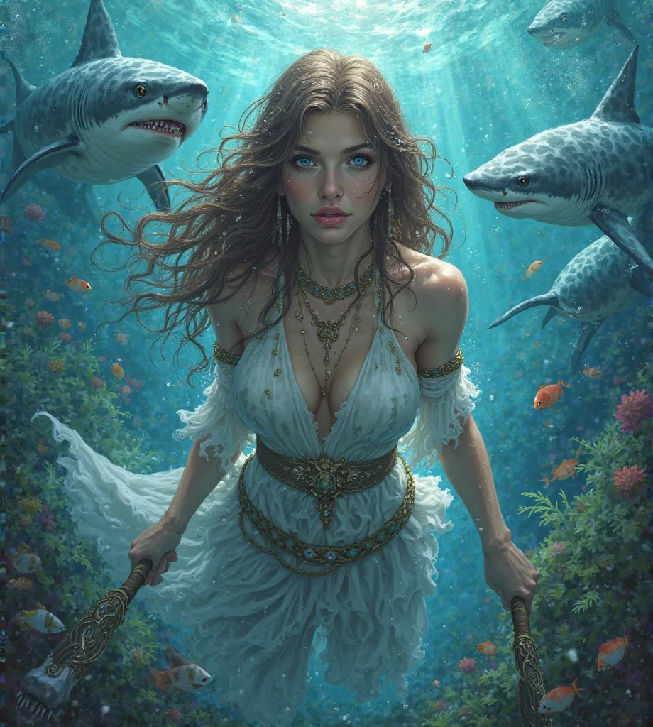 Give me an illustration of a woman with blue eyes and long brown hair, underwater surrounded by white sharks and marine vegetation and weapons in clothed hands