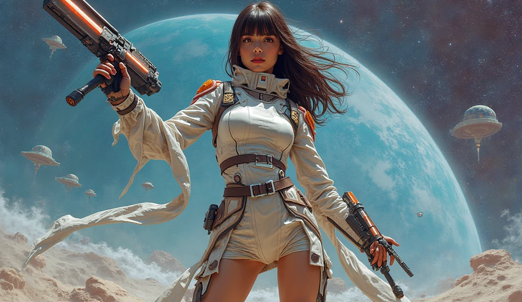 Best Quality, realistic acrylic paint art, vivid colors, Beautiful european Woman, suspicious expression face, STRAIGHT LONG dark brown long hair, bangs, hi-tech space warrior, unfolded glossy DRESS, skirt, large belt, BEIGE OIL-SHINE tights, heroic position, holding one laser SWORD and one transparente shield, space station with many space ships on deep space scenario
