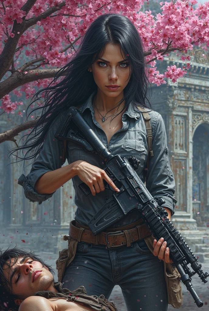 Woman with black hair and blue eyes with AK 47 in hand with man torso at her side with temple behind and pink tree