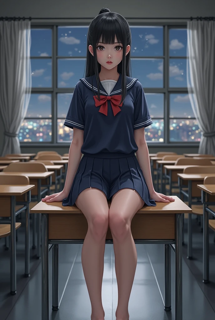 misaki, huge breast, Cleavage, ultra-realistic digital illustration of a slender young woman sitting on top of a wooden classroom desk, facing forward. She is shown in a tight medium shot from the top of her head to just above her knees. Her face and entire head are fully visible and centered within the frame. Her black hair is long, tied loosely behind her head, with two strands hanging down each side of her face. She is wearing a Japanese high school uniform consisting of a dark blue sailor-style top with a white collar and a red ribbon tied at the chest, along with a pleated navy-blue mini skirt. Her shoulders and upper chest are covered by the uniform. The skirt reveals her bare legs from the mid-thigh down. She is not wearing socks or shoes. Her arms are relaxed, with one resting beside her on the surface of the desk, and the other placed lightly on her thigh. She sits with her legs slightly turned, but still clearly within the framing of the image. The desk has a flat wooden surface and a small metal frame visible below it. Behind her is a large rectangular window divided into multiple glass panels. The window is closed. The outside view is blurred, showing only nighttime city lights and dark sky through the glass. Curtains are partially drawn to the sides. The classroom contains rows of empty wooden desks and chairs. The floor is polished linoleum with visible light reflections. The lighting in the room is artificial, coming from ceiling lights out of frame. There are shadows on the floor and parts of the wall. Her figure is well-lit. There are no other people in the room. There are no decorations, posters, or any additional items on the desk or walls. The framing includes part of her upper body, skirt, and bare legs. Her face is neutral, eyes directed forward. The entire figure is clear and nothing is cut off by the edges of the image. The background remains in focus and the perspective aligns with a camera at seated eye level. The entire composition