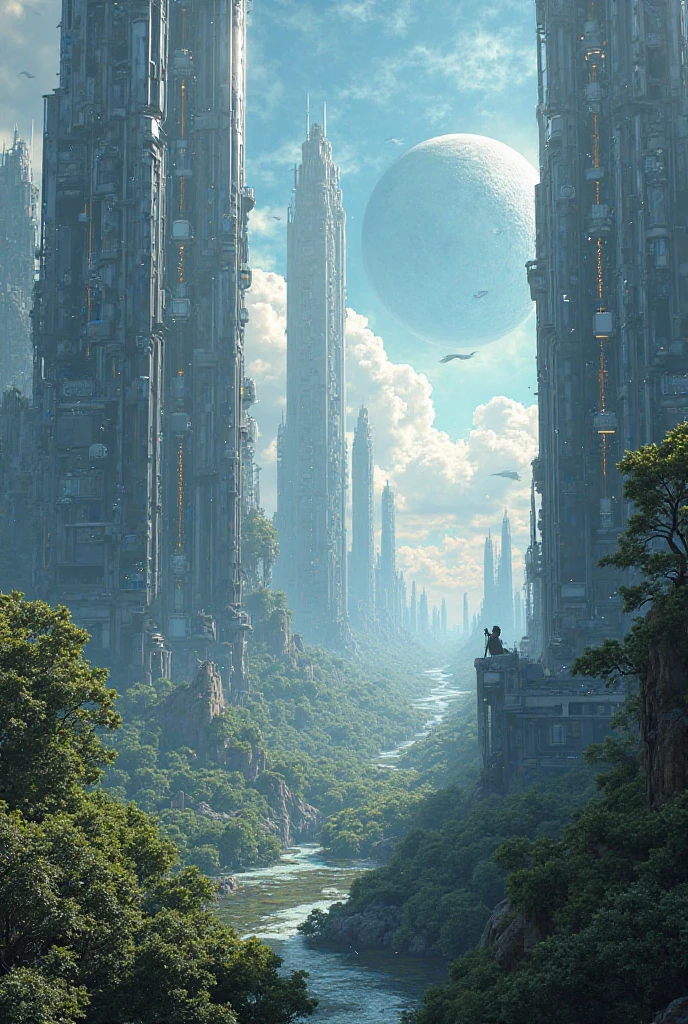 Futuristic landscape with two suns and moon skyscrapers and forest 