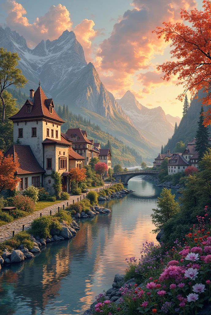 a small village by the river, mountains in the background, fleurs florales colorées,  detailed landscape , Beaux paysages naturels, atmospheric lighting, coucher de soleil brûlant, warm colors, pratique, photorealistic, Detailed foliage ,  complex buildings, Cobblestone street, Charming country house, bright swirling colors, lush vegetation,  Reflections of still water, Pittoresque, idyllique,  work of art, best quality, 8k, extremely detailed, style anime.