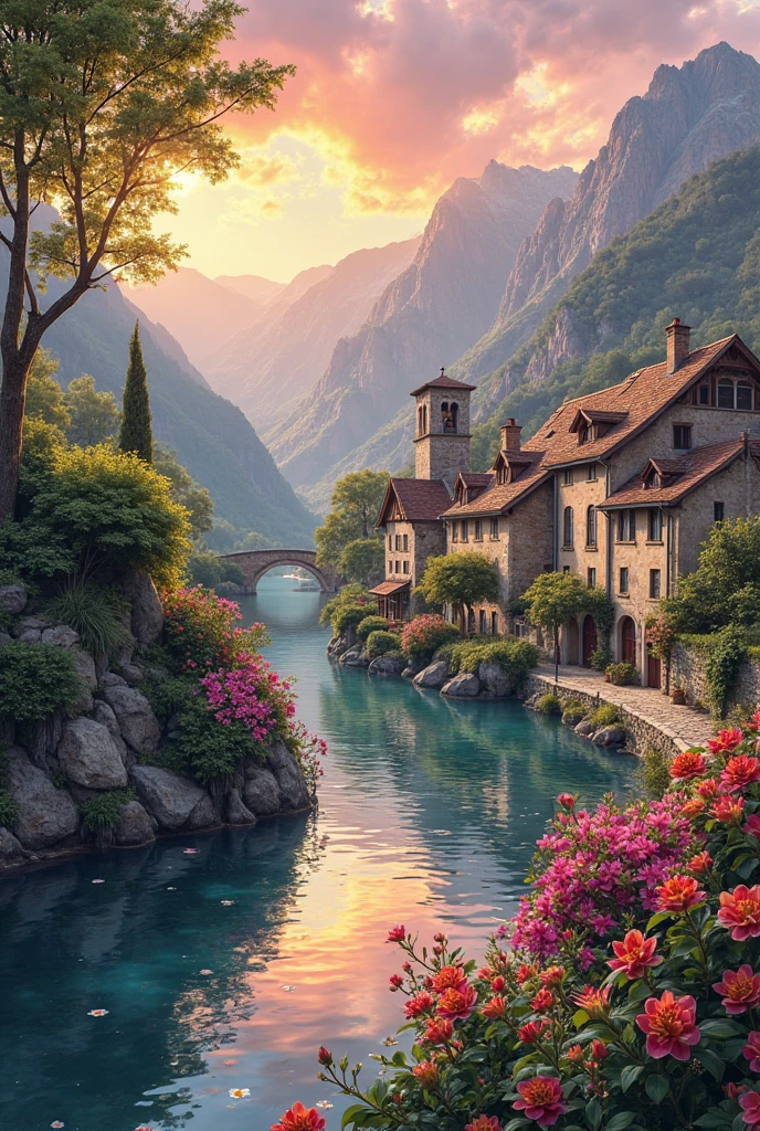 a small village by the river, mountains in the background, fleurs florales colorées,  detailed landscape , Beaux paysages naturels, atmospheric lighting, coucher de soleil brûlant, warm colors, pratique, photorealistic, Detailed foliage ,  complex buildings, Cobblestone street, Charming country house, bright swirling colors, lush vegetation,  Reflections of still water, Pittoresque, idyllique,  work of art, best quality, 8k, extremely detailed, style anime.