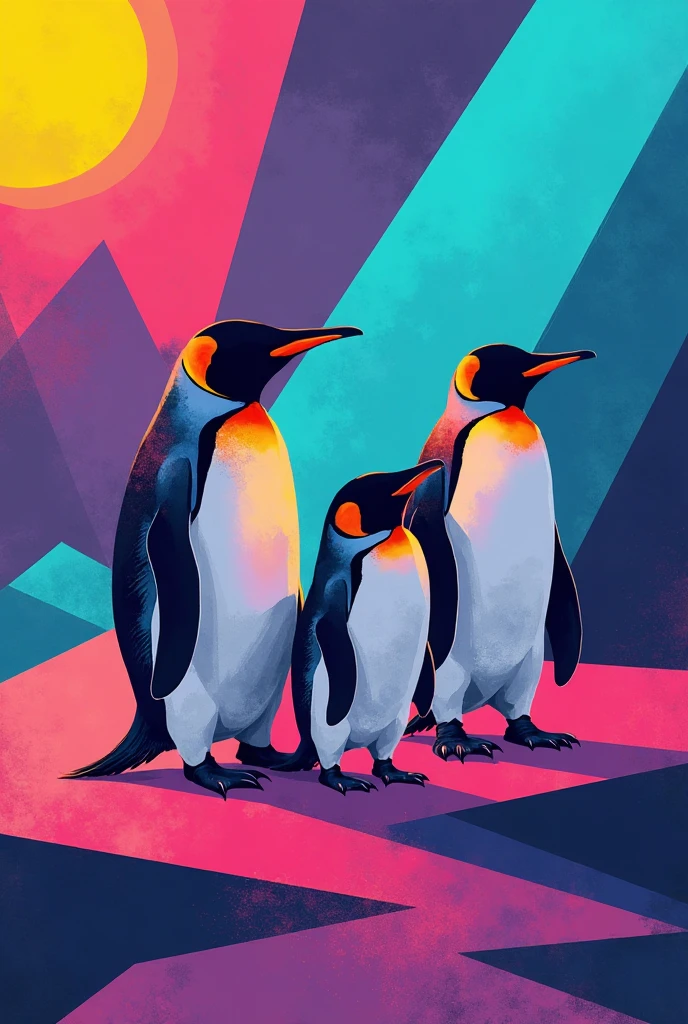 "Imagine an abstract image that embodies the concept of healing and recovery, using the theme of penguins. Incorporate smooth, rhythmic lines that suggest the synchronized and graceful movements of penguins as they swim or march together, with forms that create a sense of flow and harmony. Blend a palette of cool, calming colors like deep blues, soft grays, and gentle whites, reflecting the penguins’ natural environment. Abstract elements such as the silhouette of penguins standing in a group, the curve of a flipper, or the texture of snow and ice can be subtly woven into the design. The image should evoke feelings of resilience, unity, and the healing power that comes from strong social bonds and shared experiences, symbolizing the transition from emotional turmoil to a state of communal strength and peace."