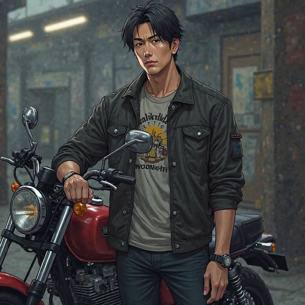 a man, anime art style, Asian features, more mature appearance straight hair, poses upright, wears a jacket, underneath a band shirt, holds a wrench and has a motorbike, dynamic pose, dark coloring