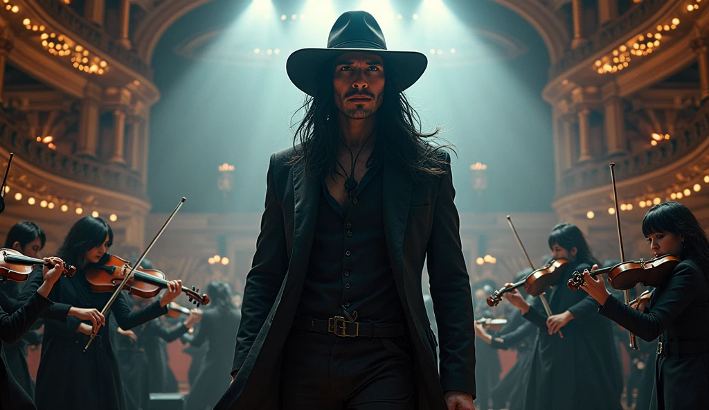 A captivating Symphonic Rock Orchestra set in Tokio in Japan under the spotlight of great theatre. The focus is on a SINGER standing at the center, his long black hair flowing under a stylish hat. His fierce expression and electrifying aura create a dramatic atmosphere. Surrounding him is the amazing Orchestra, dressed in elegant black dusters and passionately playing violins and other instruments. . The scene is rich with vibrant colors and intricate details, from the sweat glistening on the musician's face to the ornate designs on the orchestra's instruments. . illustration of a dark fantasy scene featuring a singer John Wick-inspired musician leading his classic rock band under the spotlight of theatre.