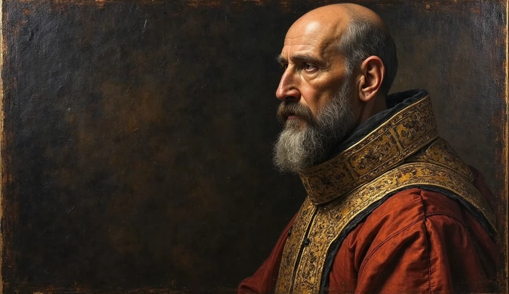 (an oil painting style image on canvas, Gothic style of:) of Saint Ignatius of Loyola. place the saint in the right corner of the screen. with a frame all over the screen.