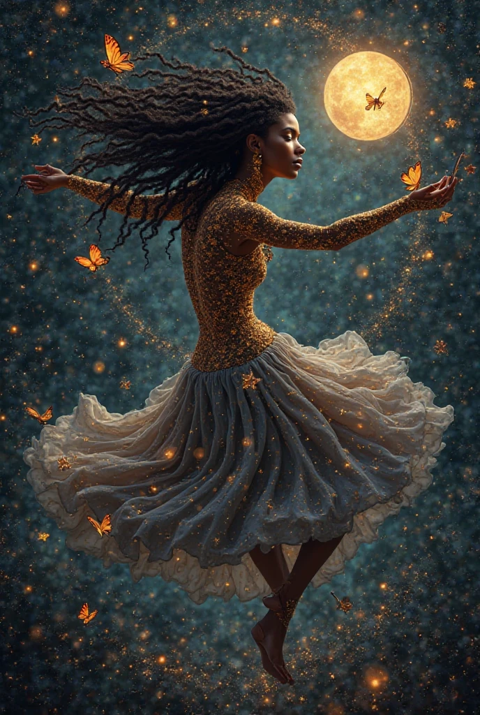  A young black woman, The skin studded with golden stars like a celestial map, dance weightless in infinite space. Ses cheveux naturels 4C flottent autour d’elle en spirale comme des nébuleuses. Around her lie open medicine books, changeant de couleur au rythme de sa respiration. Around her levitate open medicine books, stethoscopes, and luminous medicinal plants. Des papillons en verre aux ailes constellées de formules mathématiques virevoltent entre ses mains, that emit soft pink and blue energy. in the background, une planète en forme de cœur bat doucement comme un vrai cœur humain, projecting a dewy glow. Des constellations en forme d’utérus et d’ovaires brillent dans le ciel noir. À ses pieds, A clock without hands turns backwards, symbolisant qu’elle transcende le temps. Next to the black woman, add a white woman with an almost artistic theme, but only for the white woman, add a little fantasy about her. 