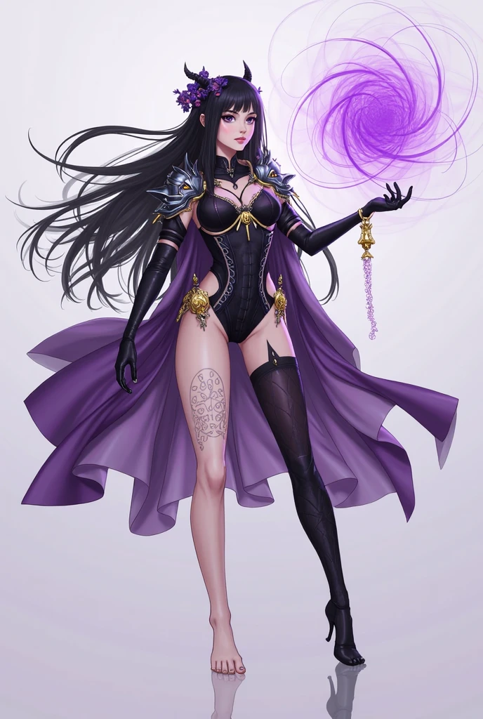 3dmm style,
1girl, black hair, solo, breasts, staff, long hair, pantyhose, large breasts, cape, jewelry, looking at viewer, cleavage, detached sleeves, necklace, chain, holding, purple eyes, lips