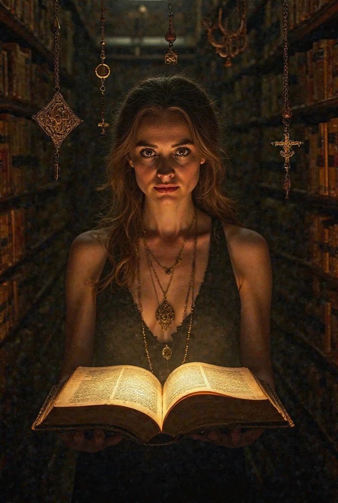 A woman in an ancient library and dark, holding an open Bible with some torn or blank pages. Ao fundo, apocryphal books illuminated by a golden light hidden behind a secret bookcase. On the person's face , expression of shock and illumination in the eyes—as if awakening. Em volta, religious symbols hanging in the air, some distorted or broken.  mystery atmosphere , hidden knowledge and spiritual revelation