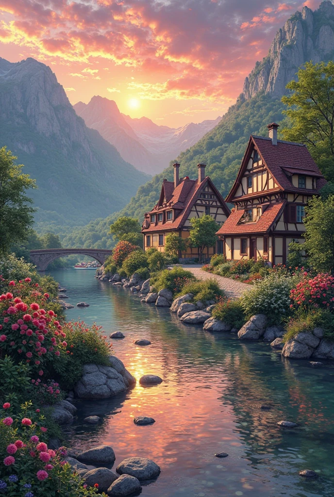 A small village by the river, mountains in the background, colorful flowers, detailed landscape style, beautiful natural scenery, atmospheric lighting,  scorching sunset ,  warm colors, practical, photographic, detailed foliage, complex buildings , cobblestone street, charming country house, vibrant colors, lush vegetation, reflections in the water, pitoresco, idyllic, work of art, Best Quality, 8k, extremely detailed, anime style