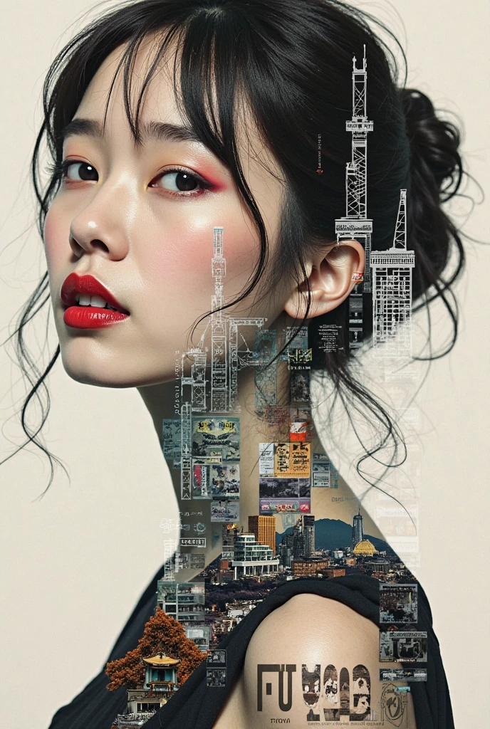 A collage artwork featuring the portrait of a woman creatively assembled with various clippings, including a photograph of Tokyo. The image captures the essence of the city intertwined with the elegance of the female form. The fusion of diverse elements showcases a unique blend of urban landscape and personal identity, resulting in a thought-provoking and visually striking composition.