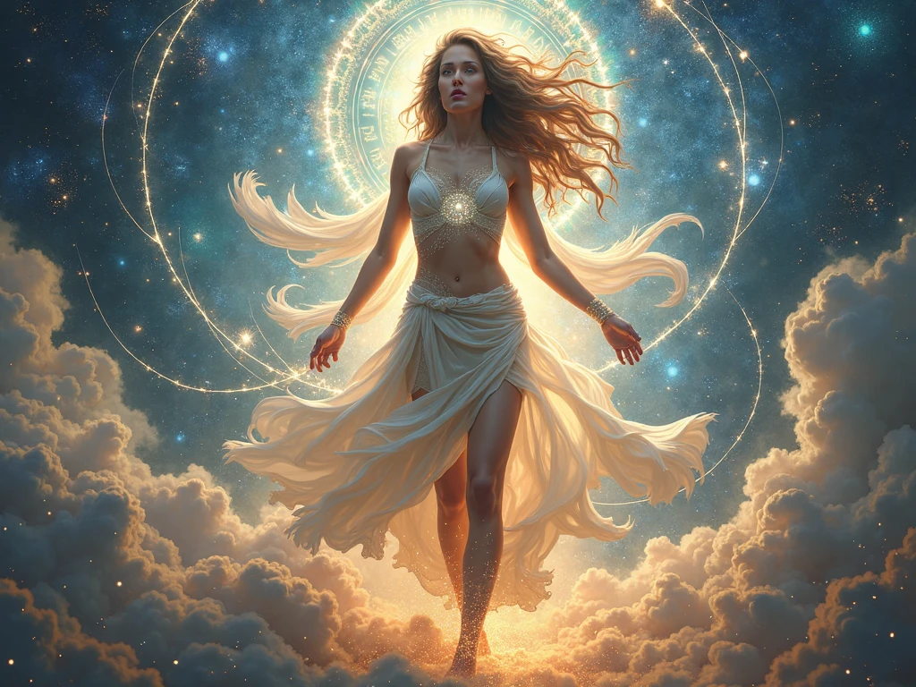A spiritual being of ethereal beauty, walking on the clouds, white neon outline radiating light over your hands