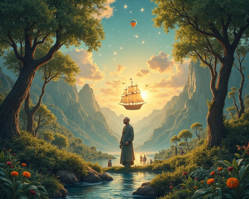 Create a dreamlike, symbolic scene blending poetry, nature, innovation, and heroism. In the heart of a lush, magical forest, a wise figure—Charles Corm—stands beneath ancient trees, beside flowing springs and singing birds, surrounded by natural light. His presence radiates harmony with nature, echoing his words: “Être ami des arbres, c’est être ami de l’eau, des oiseaux, de la Vie.” Above him, a celestial sky unfolds—stars form a glowing ship with full sails, representing time sailing "par-delà les étoiles."

To the left, a vibrant Colombian landscape bursts with biodiversity—mountains, rivers, people working together—symbolizing Colombia as "La Puissance Mondiale de la Vie". ren are planting trees, protecting wildlife, and learning about sustainable energy, gender equality, and human rights, visualizing hope and global responsibility.

To the right, the historic campus of ALBA (Académie Libanaise des Beaux-Arts) glows with creative energy. Young artists paint, sculpt, and explore the aesthetics of mobility: elevators, escalators, and architectural beauty woven into futuristic designs. A golden banner reads “88 ans de créativité et d’innovation.”

In the sky above a beautiful hot air balloon flies across Lebanese towns, helping people, powering lives, and turning each fuel station into a symbol of hope and future movement.

The whole image is highly detailed, cinematic, emotionally inspiring, blending romantic realism with symbolic surrealism, filled with golden light, rich colors, and dynamic composition—capturing the spirit of art, nature, progress, and imagination.