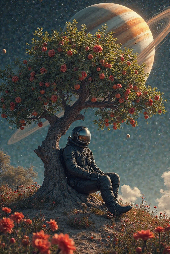 A beautiful picture of an astronaut wearing a beautiful black suit sitting and leaning on a fruit tree on a very beautiful planet full of flowers. The fruits of the tree are planets. Saturn. Jupiter is the planet Earth. The moon, the sun and the planet Mercury are dark night skies .A tree that produces planets .The planetary tree