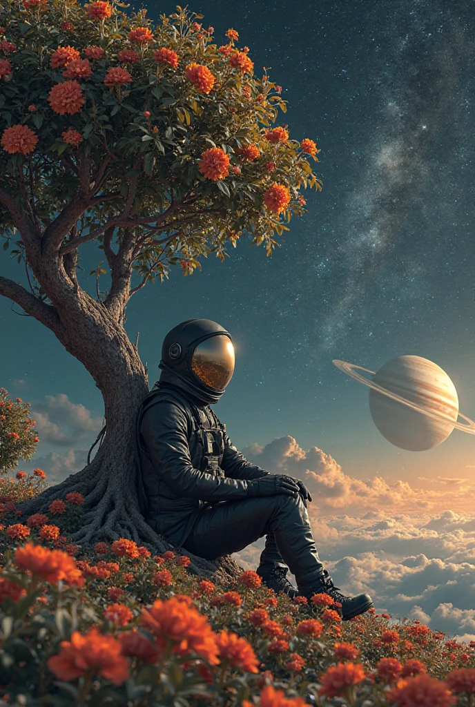 A beautiful picture of an astronaut wearing a beautiful black suit sitting and leaning on a fruit tree on a very beautiful planet full of flowers. The fruits of the tree are planets. Saturn. Jupiter is the planet Earth. The moon, the sun and the planet Mercury are dark night skies .A tree that produces planets .The planetary tree