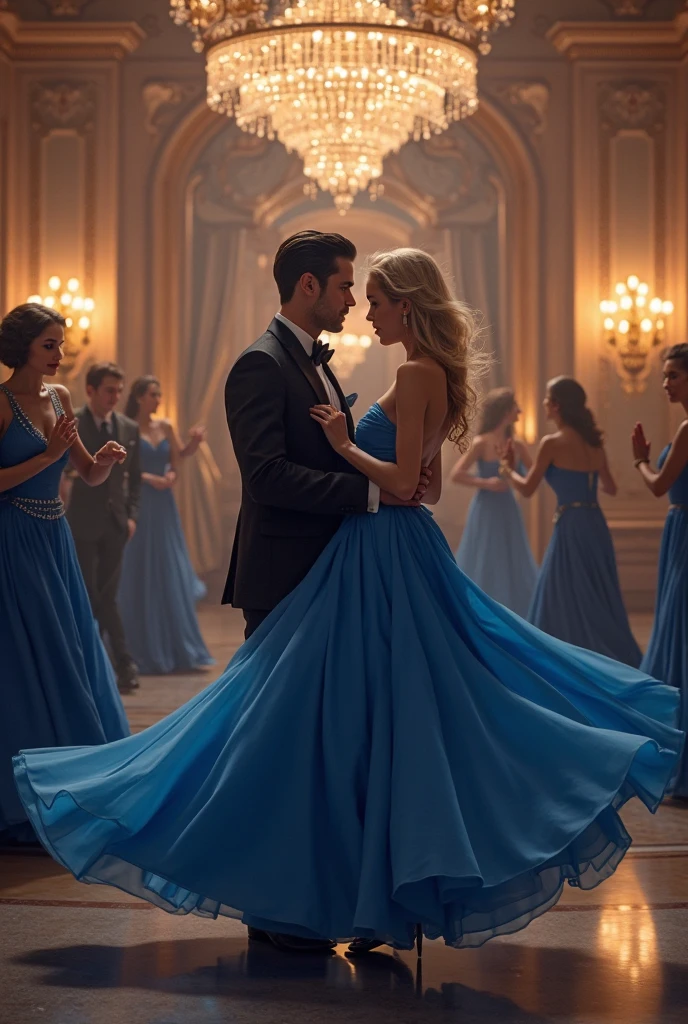 Men and women dressed in elegant blue are dancing under a chandelier in a dark atmosphere, girl blonde hair, boy black hair