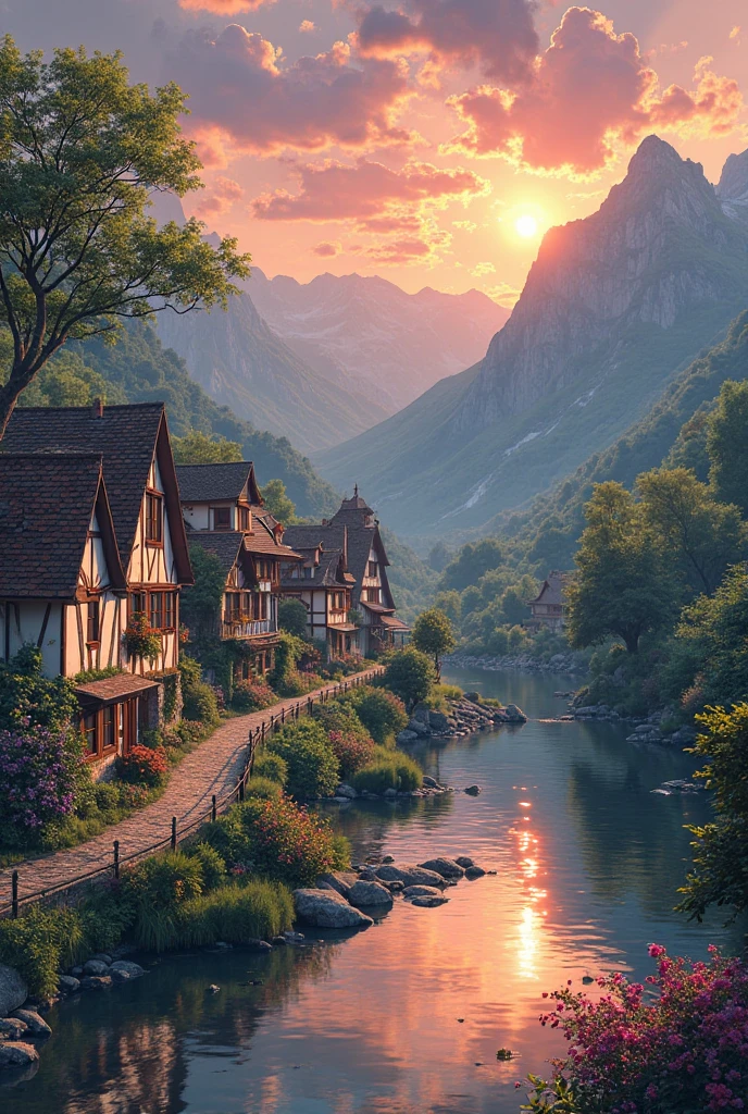 a small village by the river, mountains in the background, floral flowers colorful, detailed landscape, Beautiful natural landscapes, atmospheric lighting, scorching sunset, warm colours, practical, photopractical, Detailed Foliage, complex buildings, cobblestone street, Charming country house, swirly vibrant colors, lush vegetation, Still water reflections, Picturesque, idyllic, work of art, best qualityer, 8k, extremely detaild,anime styling