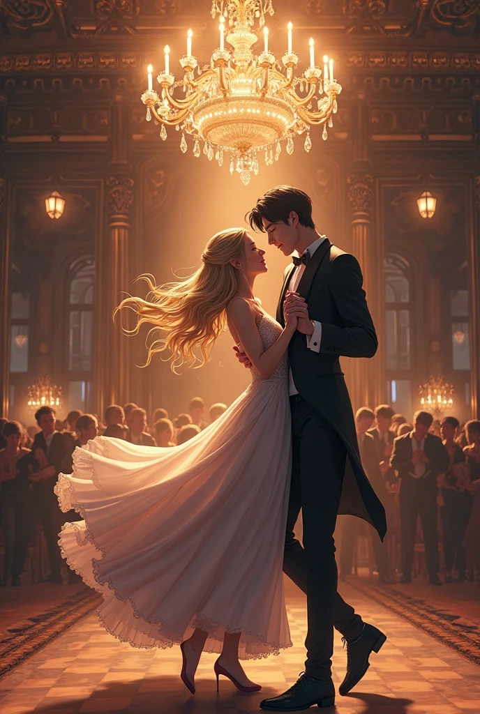 Men and women dressed in elegant blue are dancing under a chandelier in a dark atmosphere, girl blonde hair, boy black hair, anime