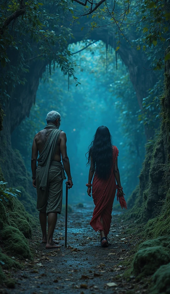 
"An old Indian man with wrinkled skin, long white beard, and a walking stick, wearing simple dhoti and shawl, walking alone through a dark, foggy forest path at night
"A beautiful mysterious Indian woman with long black hair, glowing pale white skin, wearing traditional red saree with anklets and bangles, standing in the middle of a forest path under moonlight, surrounded by fog.""An ancient cave deep in the forest, with eerie blue glow from inside, moss-covered rocks, old carved symbols on walls, and a dusty mattress or bed lying inside."
