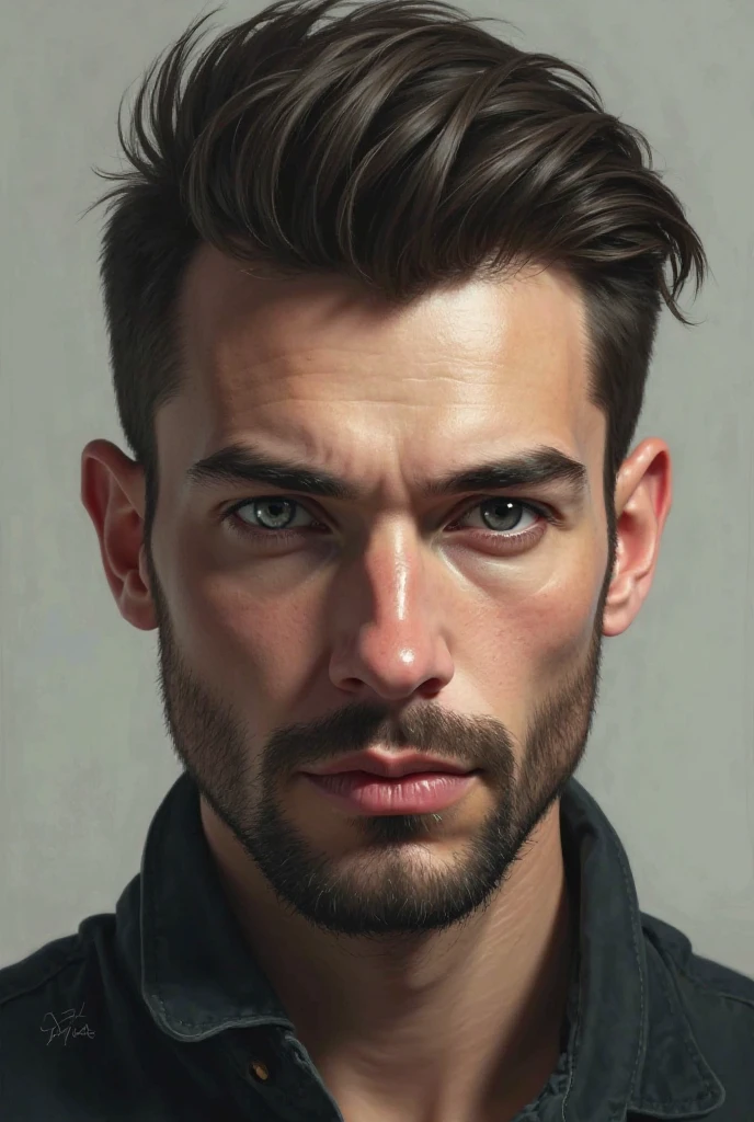 A young man with sharp features and a beard, his left eye is gray and his right eye is black 