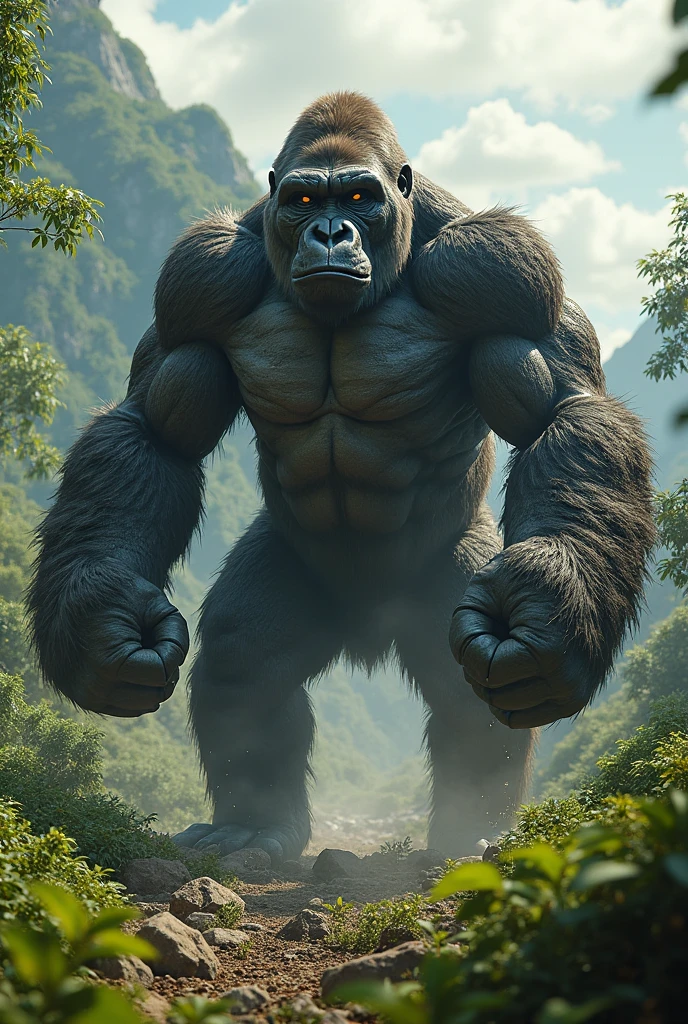 Gorilla with volcano in background
