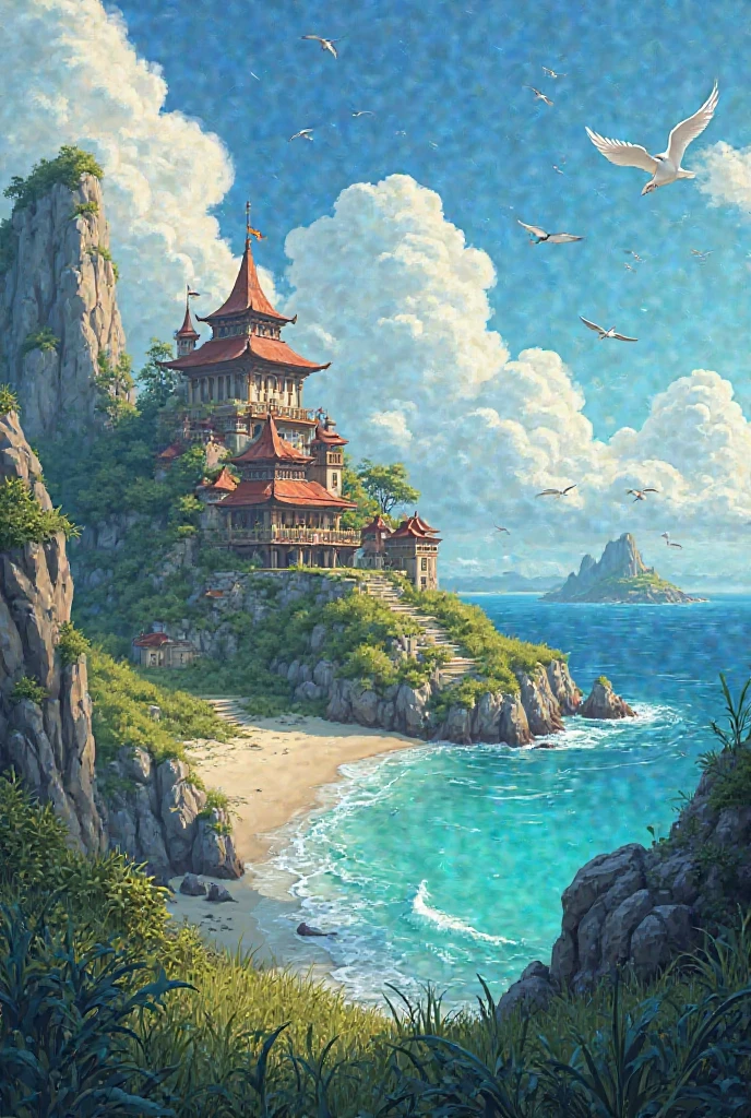 Prompt: Windy bay surrounded by cliffs and high grass, tribal architecture blending with nature, fantasy wind-themed kingdom, soft glowing light in the sky, birds flying with the wind, magical realism vibe --v 5 --ar 16:9 --style Studio Ghibli inspired