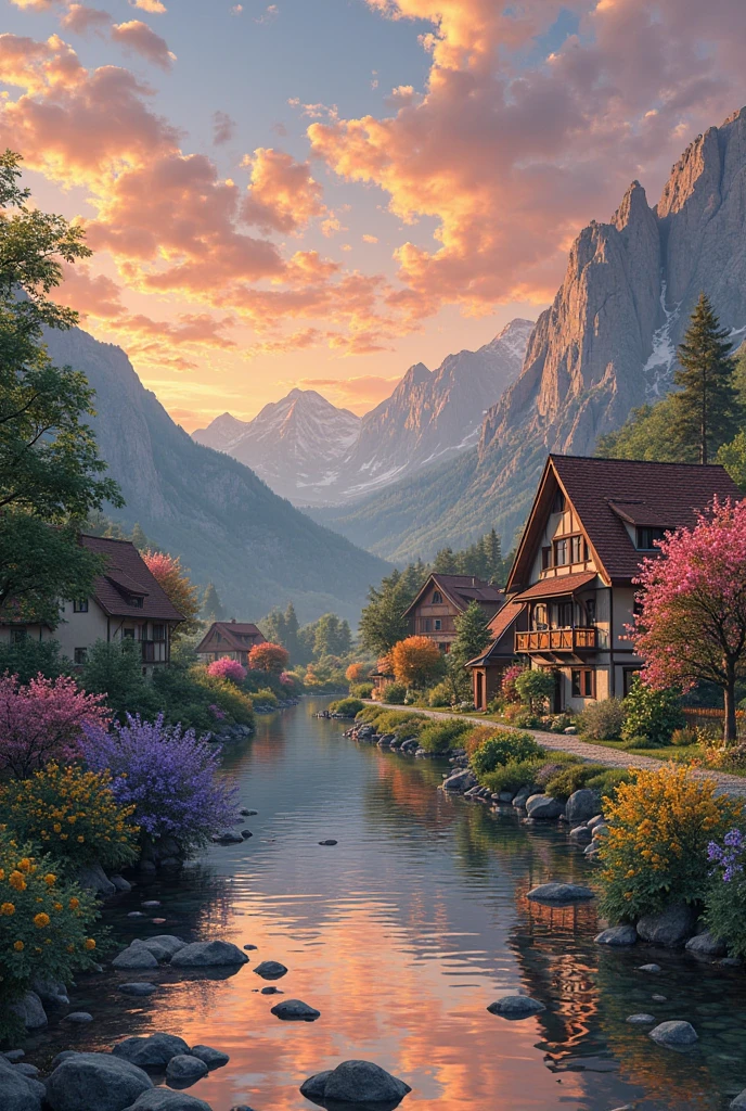 a small village by the river, mountains in the background, floral flowers colorful, detailed landscape, Beautiful natural landscapes, atmospheric lighting, scorching sunset, warm colours, practical, photopractical, Detailed Foliage, complex buildings, cobblestone street, Charming country house, swirly vibrant colors, lush vegetation, Still water reflections, Picturesque, idyllic, work of art, best qualityer, 8k, extremely detaild,anime styling