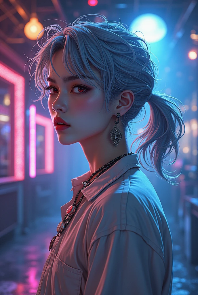 Comic style handsome Asian young man，Height 185cm，Body contouring Realistic，Clear skeleton。Silver grey blue short hair ponytail，Hair microcurl，Natural messy feeling，Cool blue gloss flashing under club lights。Blood red eyelet，Diffuse light，Staring in front of a hunter。Skin tone white and warm，Fine textured。wearing a loose silk shirt，Small neckline，exposed collarbone and faint marks。left shoulder to arm wrapped around black gray spine totem tattoo。Double ear combination Wearing black and silver earrings，Right ear hanging chain earrings，Left Earrings as Small Circle Earrings。Wrist wearing vintage chain watch。
background of lively electronic music club，Colorful beams with laser light intersecting Blinking，Weight of the dance pool，Floor-reflective neon light，Mist and rhythm diffuse through the air。
Head raised ，The evil eye can see the center of the screen
anime-stil, manga illustration, sharp lines, cel shading, cool-toned lighting, nightclub background, neon lights, laser beams, smoky atmosphere, fashionable male character, dramatic lighting, highly detailed character design, bishounen, stylish

