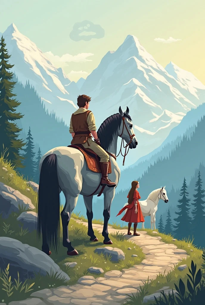 A vector illustration of a fantasy book cover titled "The Horse and His Boy". A majestic dapple-grey stallion (Bree) stands proudly on a rocky mountain path, seen from a slight side angle. A young boy (Shasta), wearing vintage, slightly worn medieval-style clothes, is riding on the horse’s back, holding the reins gently, looking toward the distant mountains. Behind them, a winding forest trail leads to misty snowy peaks. On the side of the path, a noble girl (Aravis) walks beside a graceful white mare (Hwin). The morning sky is softly lit, with a faint lion-shaped cloud (Aslan) appearing above. Clean lines, flat colors, minimal gradients, stylized shapes, in high-quality vector style.