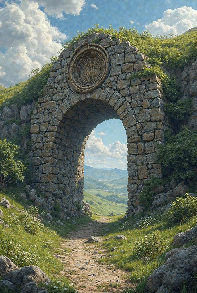 Make an image of an arched opening on the side of a hill, arch made of simple stones and on the main stone a circle