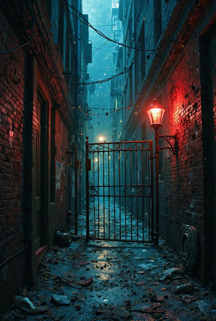 A dead-end alley in the heart of the City of Perdition—where the neon glow fades into a sickly, phosphorescent haze, and the air hums with the static of abandoned desires. The walls are slick with grime and peeling posters of forgotten temptations, their colors bleeding into the damp concrete. A single flickering streetlamp casts long, distorted shadows, revealing figures slumped against brick—half-lit specters of lost souls who chased pleasure too far. At the alley’s end, a rusted iron gate bars escape, its twisted bars etched with faint, ghostly whispers of past regrets. The ground is littered with shattered glass, crushed cigarette filters, and a single high-heeled shoe, discarded in haste. The atmosphere is thick with the scent of spilled liquor, cheap perfume, and something metallic—fear or blood, it’s hard to tell. In the distance, the city’s pulse still throbs, a siren song of relentless vice, but here, the music has died. Only the echoes remain: a laugh cut short, a promise broken, the slow, suffocating realization that this is where the night ends. The style is hyper-realistic with a touch of surreal decay—think *Edward Hopper* meets *David Lynch* in a fever dream. This is the place where temptation runs cold.