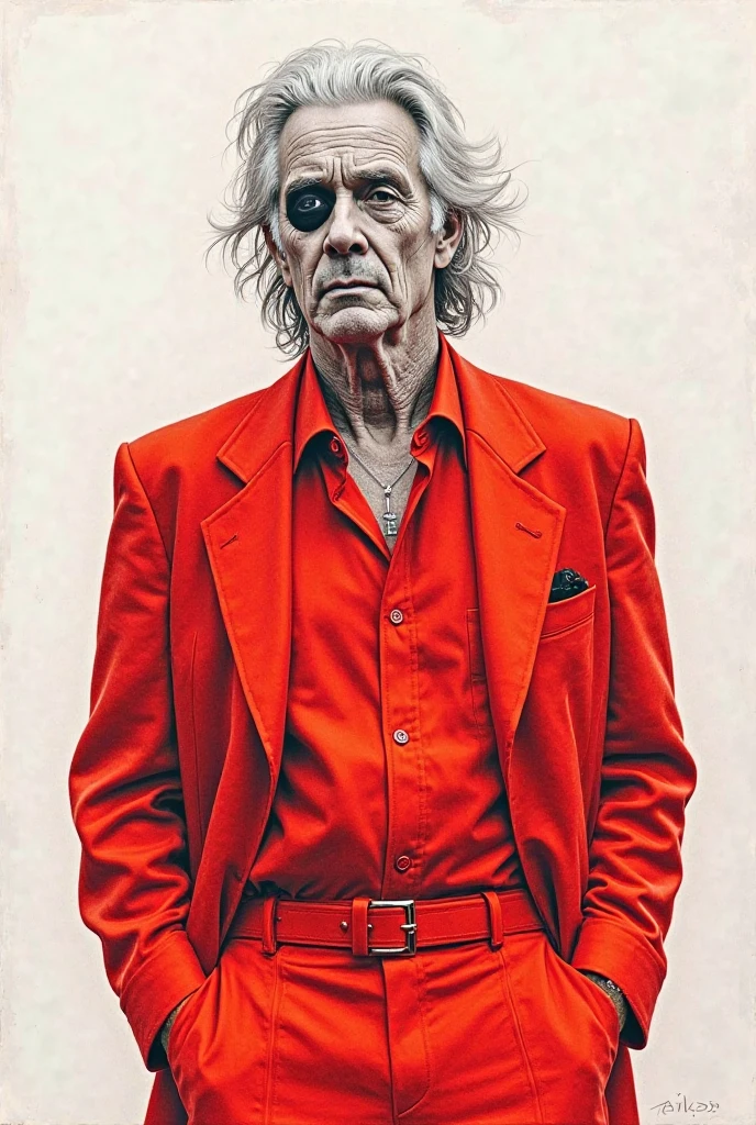 • Slightly bleached hair from old age
•Middle-aged
•Black eye 
•Red Suit
•Red shirt
•Red pants
•Red belt
•2D pencil drawing of red shoelaces