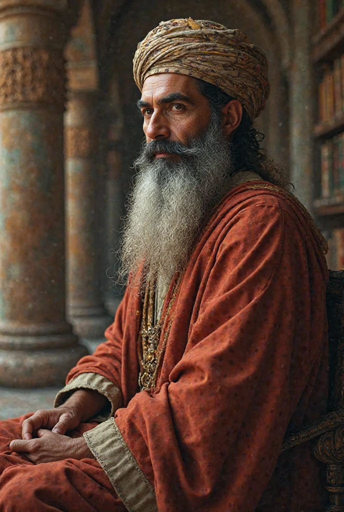 "A realistic picture of Ibn Khaldoun, an Arab sociologist and historian, in historical clothes, old background, with accurate details