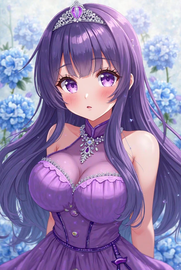 Girl with long wavy violet hair, his eyes are blue, wears fancy clothes. anime style.