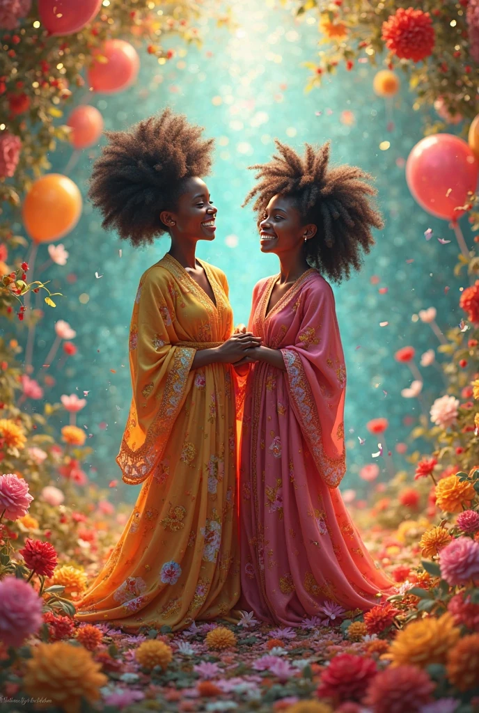 A spiritual setting with two ren smiling dressed in white and colored, amidst candies, balloons and flowers — with a faint glow in the background, representing axé.