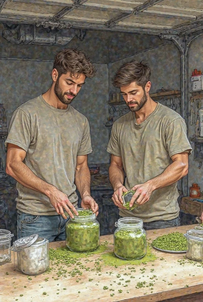 young, Beautiful, handsome, white, skinny, soft skin, beautiful face, shirtless, big penis in an old pottery making a vase with his brother lindo trasero
