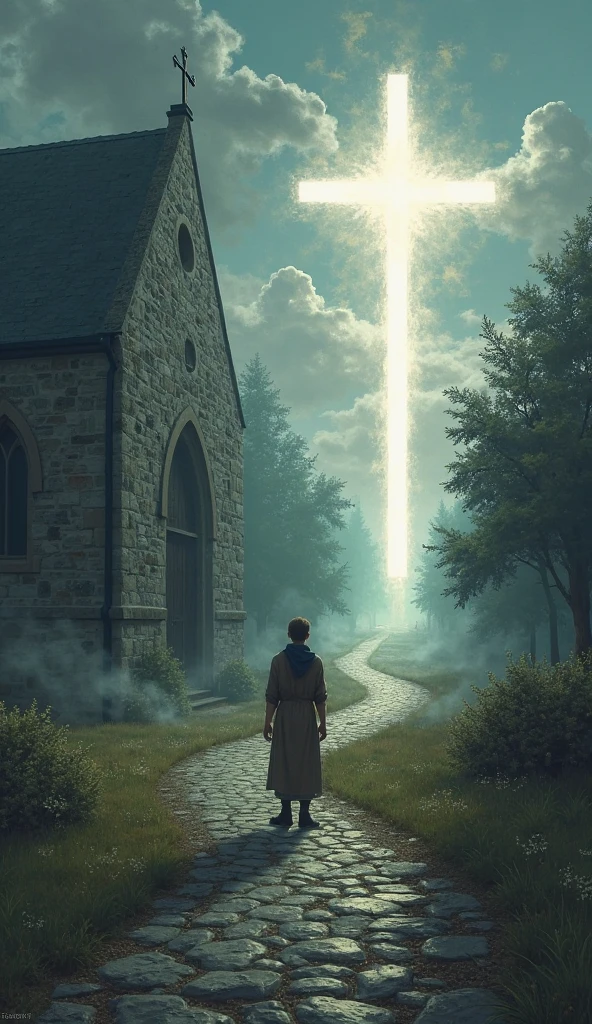 two paths on the left a church with a dark tone and on the right a heavenly cross surrounded by clouds. and a person in the middle deciding.