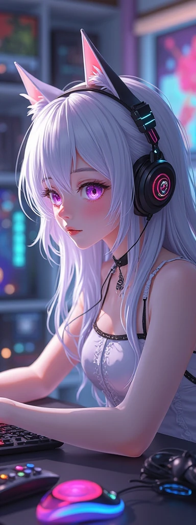 (masterpiece, sidelighting, finely detailed beautiful eyes: 1.2), (on the moon, space, looking back into earth), white hair, black tank top, volumetric lighting, white jacket, glowing headphone, cyberpunk, futuristic, multi-color eyes, detailed eyes, hyper detailed,light smile, highly detailed, beautiful, small details, ultra detailed, best quality, intricate, hyperrealism, sharp, digital illustration, detailed, realism, intricate, 4k, 8k, trending on artstation, good anatomy, beautiful lighting, award-winning, photorealistic, realistic shadows, realistic lighting, beautiful lighting, raytracing, intricate details, moody, rule of thirds, masterpiece, (illustration:1.1), highres, (extremely detailed CG, unity, 8k wallpaper:1.1), beautiful face, highly detailed face, ultra realistic, masterpiece, bokeh, extremely detailed, intricate, zoomout, colorful, vibrant colors, red nail polish, side view,