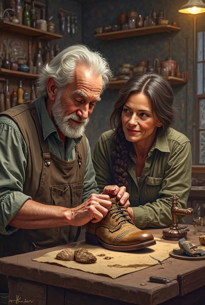 Repairing a vintage shoe in middle age. A  next to him is watching what he is doing.